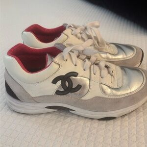 CHANEL White and Silver Athletic Sneakers